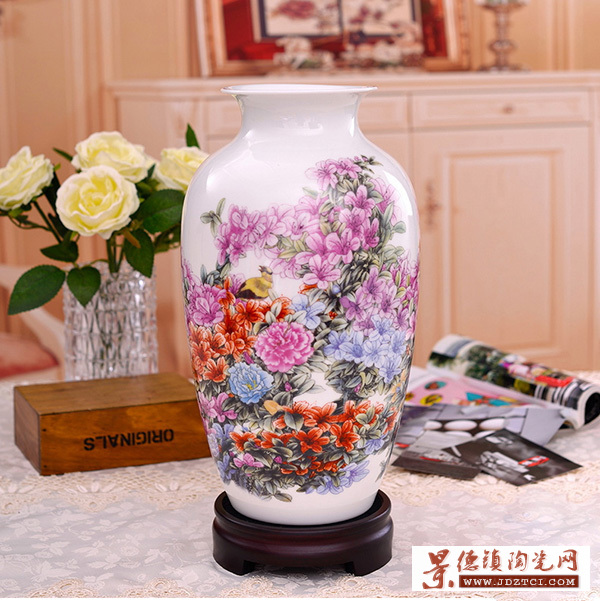 新中式陶瓷花瓶景德鎮(zhèn)工藝品擺件裝飾客廳插花瓶杜鵑花鳥瓷瓶大號(hào)